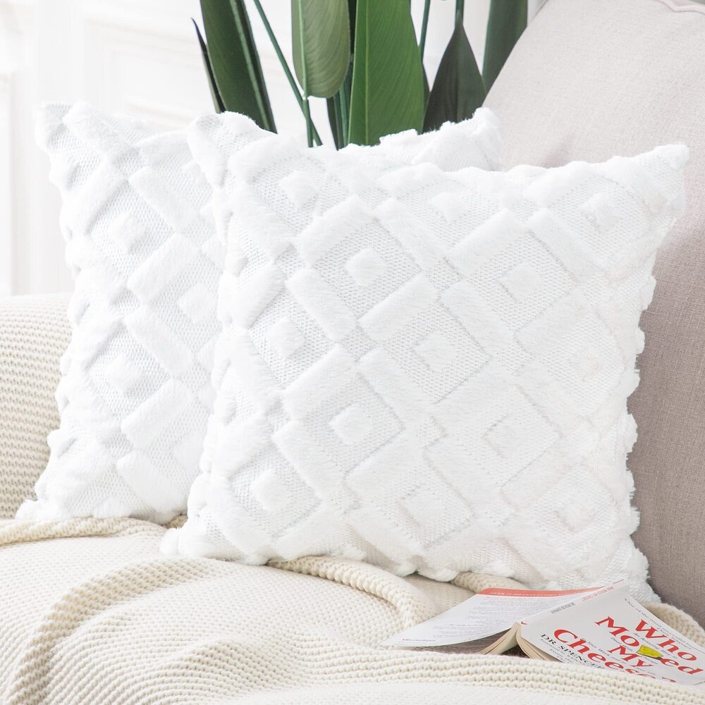 9772 Set of 2 White Plush Short Wool Throw Pillow Covers 22x22 Inch Square